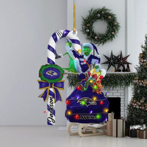 Baltimore Ravens NFL Custom Name Grinch Candy Cane Ornament 2 Side