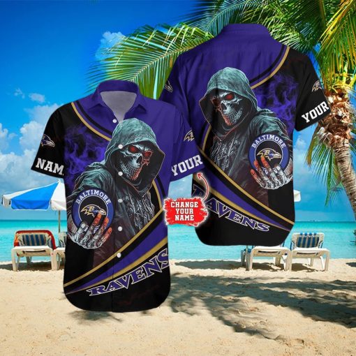 Baltimore Ravens NFL Halloween Skull Tropical Team Spirit Hawaiian Shirt Custom Name