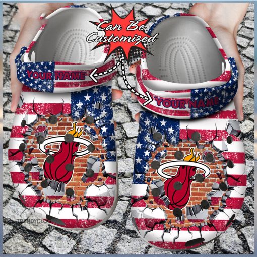 Basketball Personalized Miami Heat American Flag Breaking Wall Clog Shoes