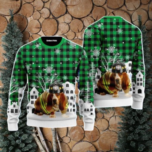 Basset Hound Costume Firefighter In Christmas City Pattern Christmas Unisex Ugly Sweater