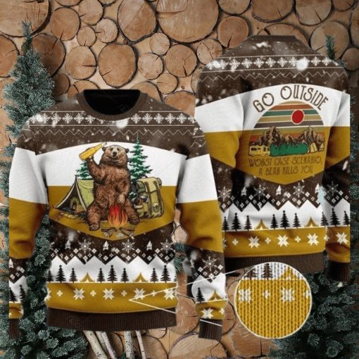 Bear Beer Ugly Christmas Sweater Campfire Yellow Wool Xmas