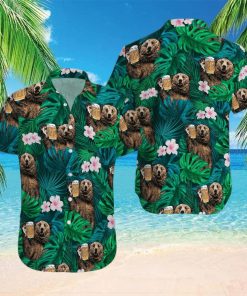 Bear Drinking Beer Green Tropical Unisex Hawaiian Shirts