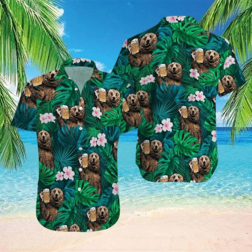 Bear Drinking Beer Green Tropical Unisex Hawaiian Shirts