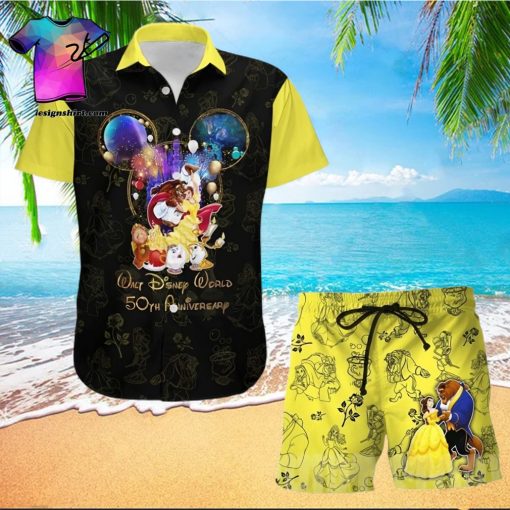 Beauty And The Beast 50th Anniversary Glitter Disney Castle All Over Print Combo Hawaiian Shirt