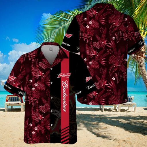 Beer Budweiser Hawaiian Shirt Red Tropical Foliage On Dark Theme