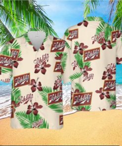 Beige Schlitz Beer Hawaiian Shirt Hibiscus Flower Palm Leaves Pattern