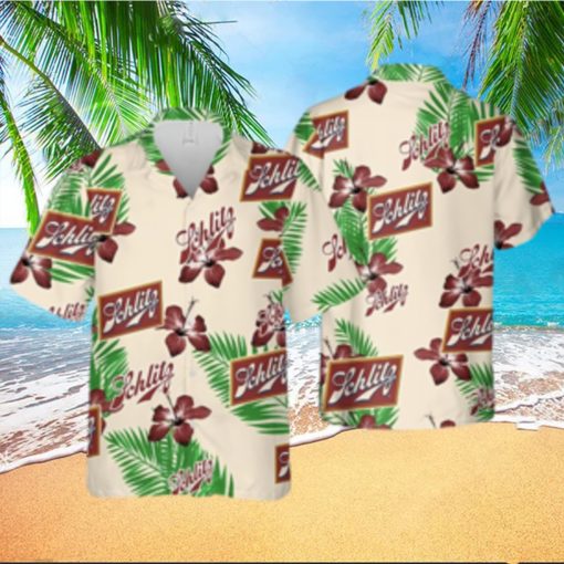 Beige Schlitz Beer Hawaiian Shirt Hibiscus Flower Palm Leaves Pattern