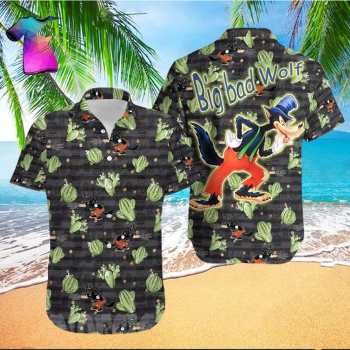 Big Bad Wolf Disney Cactus Pattern All Over Print Hawaiian Shirt   Black