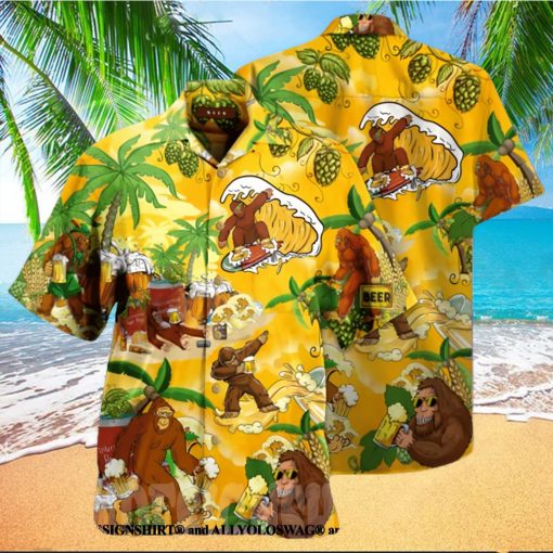 Bigfoot Summer Beer Beach All Over Print Hawaiian Shirt   Yellow