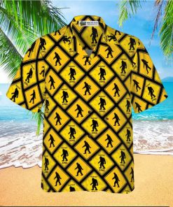 Bigfoot Yellow Square Bigfoot Hawaiian Shirt, Diamond Pattern Caution Signs Bigfoot Shirt For Men