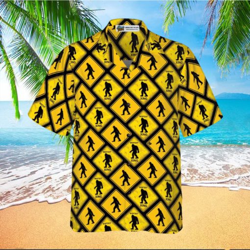 Bigfoot Yellow Square Bigfoot Hawaiian Shirt, Diamond Pattern Caution Signs Bigfoot Shirt For Men