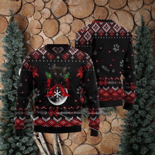 Black Cat Cute Snow Flowers Christmas 3D Sweater