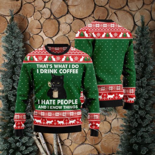 Black Cat Drink Coffee Ugly Christmas Sweater Gift Men Women