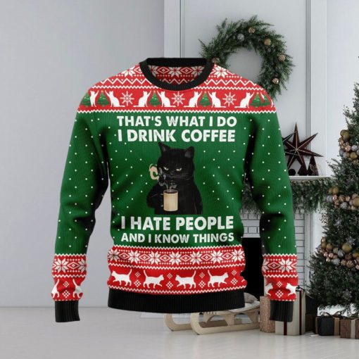 Black Cat Drink Coffee Ugly Christmas Sweater