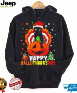 Black Cat Halloween and merry Christmas happy Hallothanksmas shirt