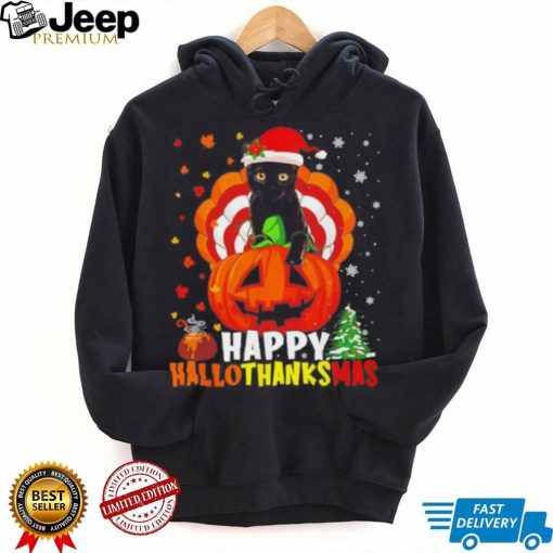 Black Cat Halloween and merry Christmas happy Hallothanksmas shirt