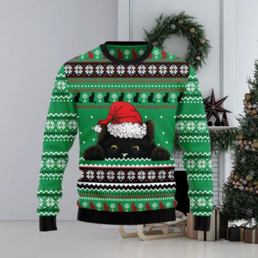 Black Cat Hide Knitting Pattern Green Christmas 3D Sweater