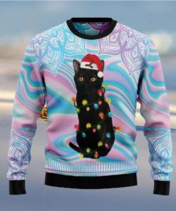 Black Cat Hologram And Mandala Pattern Knitted Ugly Xmas Sweater