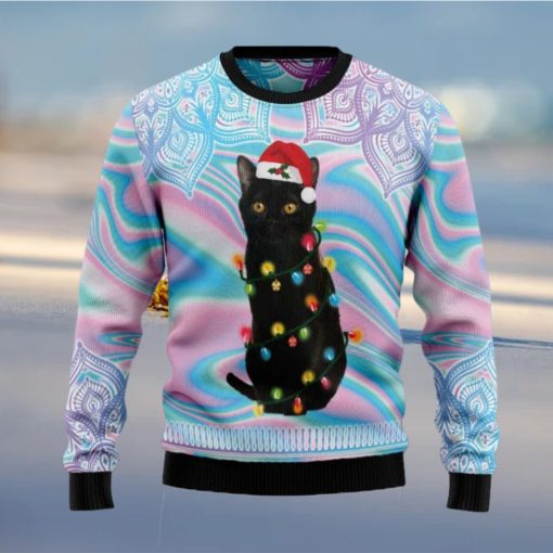 Black Cat Hologram And Mandala Pattern Knitted Ugly Xmas Sweater