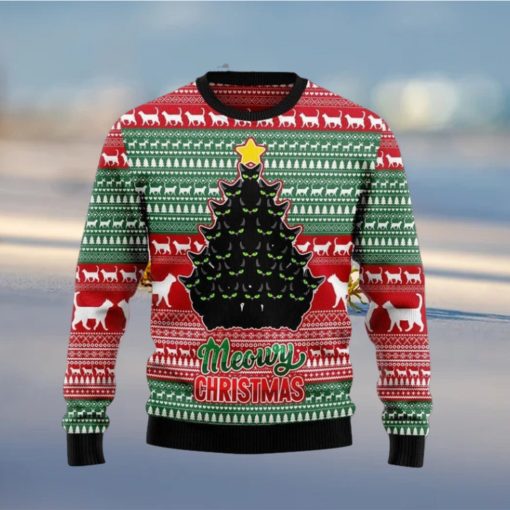 Black Cat Meowy All Over Printed Knitted Wool Xmas Sweater