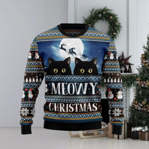 Black Cat Meowy Christmas All Over Printed Xmas Knitted Sweater