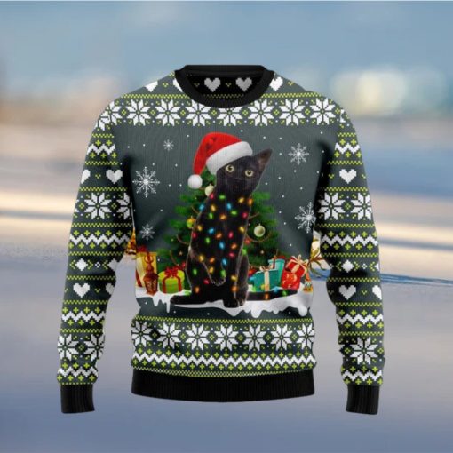 Black Cat Merry And Bright Xmas Gifts Full Wool Ugly Sweater