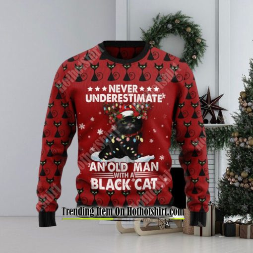 Black Cat Old Man Ugly Christmas Sweater