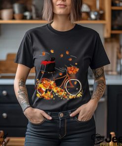 Black Cat On Fall Bicycle T Shirt