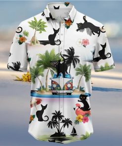 Black Cat On Summer Beach Palm Tree Aloha Hawaiian Shirt