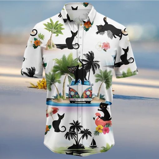 Black Cat On Summer Beach Palm Tree Aloha Hawaiian Shirt