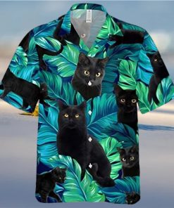 Black Cat On Summer Palm Tree Aloha Hawaiian Shirt