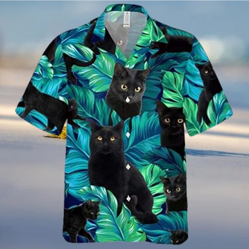 Black Cat On Summer Palm Tree Aloha Hawaiian Shirt