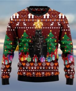 Black Cat Pine Tree All Over Print Wool Blend Ugly Xmas Sweater