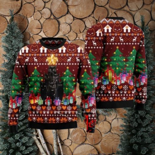 Black Cat Pine Tree Ugly Christmas Sweater Gift Knitting Sweater