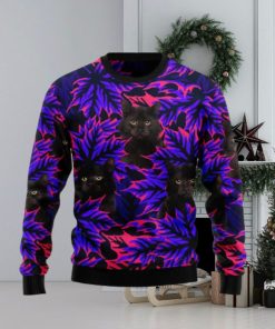 Black Cat Purple Leaves Patten Christmas 3D Sweater