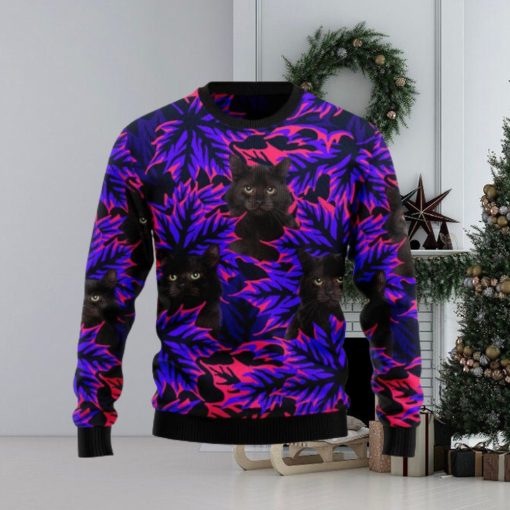 Black Cat Purple Leaves Patten Christmas 3D Sweater