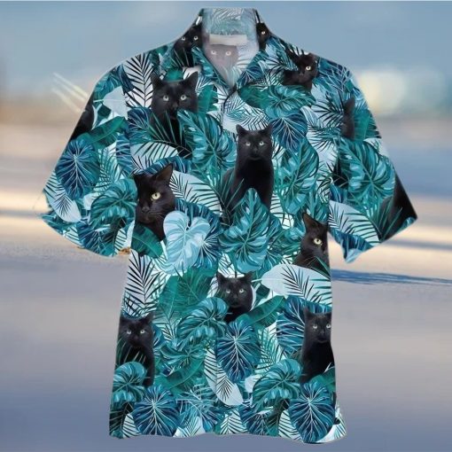 Black Cats Green Tropical Leaf Hawaiian Shirt