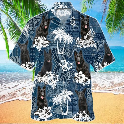 Black German Shepherd In Tropical Plants Pattern Blue And White Hawaiian Shirt