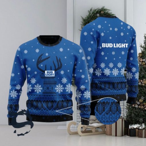 Blue Bud Light Reindeer Snowy Christmas Sweater, Christmas Gift Apparel, Merry Ugly Christmas Sweater