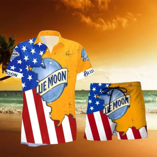 Blue Moon Beer Life USA Flag Aloha Summer Beach Hawaiian Combo Shirt And Short Gift Hawaiian For Mens