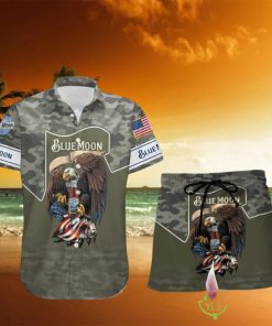 Blue Moon BeerGreen Camo Eagle USA Flag Hawaiian Combo Shirt And Short Gift Hawaiian For Mens