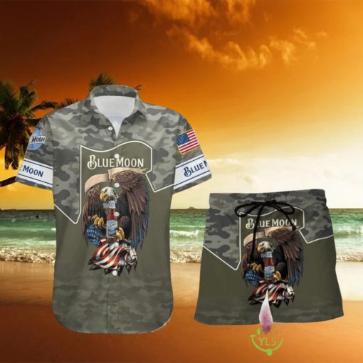 Blue Moon BeerGreen Camo Eagle USA Flag Hawaiian Combo Shirt And Short Gift Hawaiian For Mens