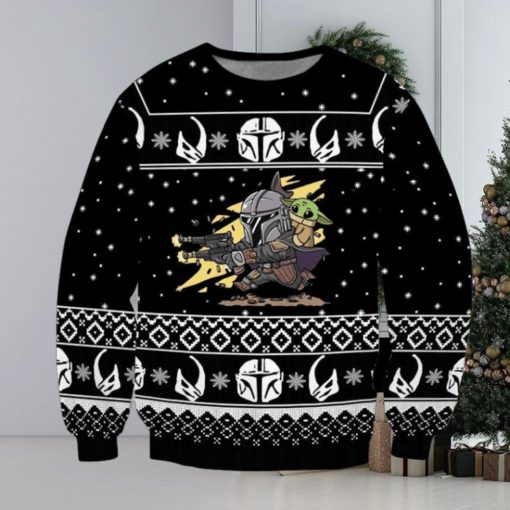 Boba Fett Baby Yoda Star Wars Shooting Pew Pew Knitted Ugly Xmas Sweater