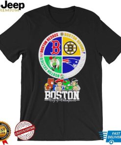 Boston city of Champions Boston Bruins New England Patriots Boston Red Sox Boston Celtics mascots 4 team sport circle logo shirt