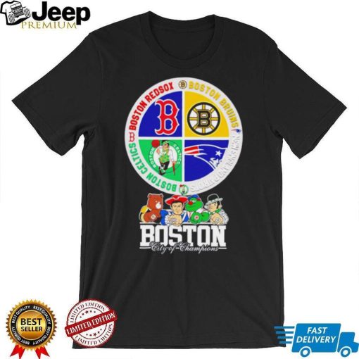 Boston city of Champions Boston Bruins New England Patriots Boston Red Sox Boston Celtics mascots 4 team sport circle logo shirt