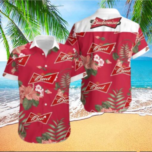 Budweiser Beer Hawaiian Shirt Red Hibiscus Flower