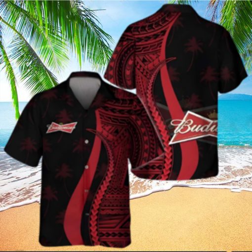 Budweiser Beer Hawaiian Shirt Red Polynesian Tropical Coconut Tree Pattern