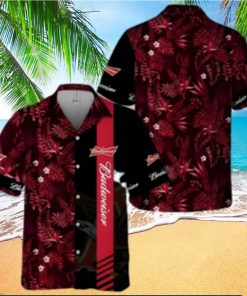 Budweiser Beer Hawaiian Shirt Red Tropical Foliage On Dark Theme