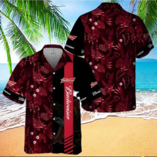 Budweiser Beer Hawaiian Shirt Red Tropical Foliage On Dark Theme