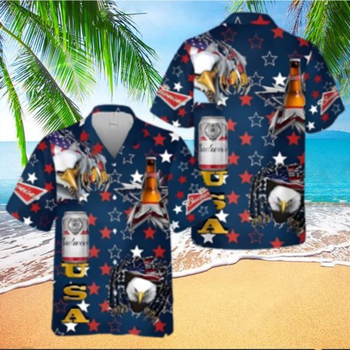 Budweiser Beer Hawaiian Shirt USA Flag Eagle Independence Day 4th Of July